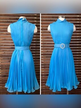 1960s Vintage Pleated Blue Sleeveless High Collar Dress w/ Rhinestone